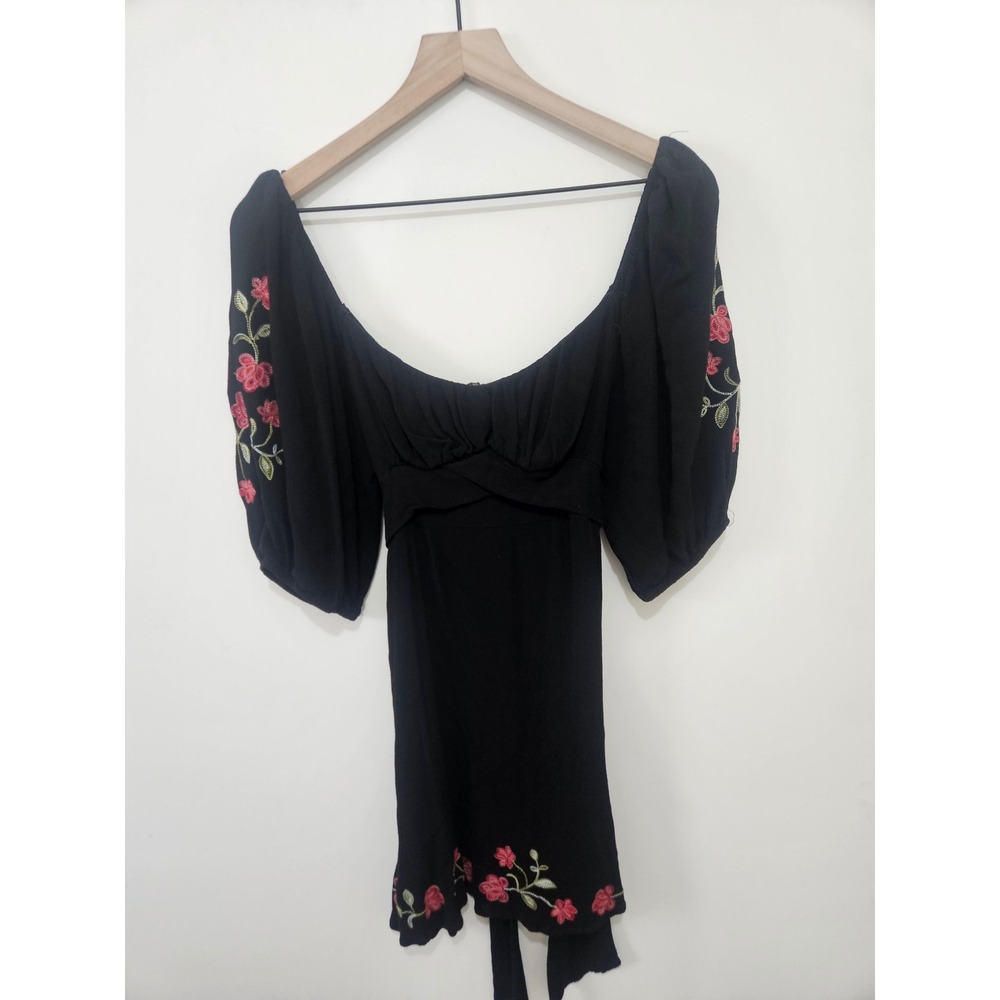 Mi Ami Black Floral Embroidered‎ Puff Sleeve Mini Dress Cottagecore Womens Large